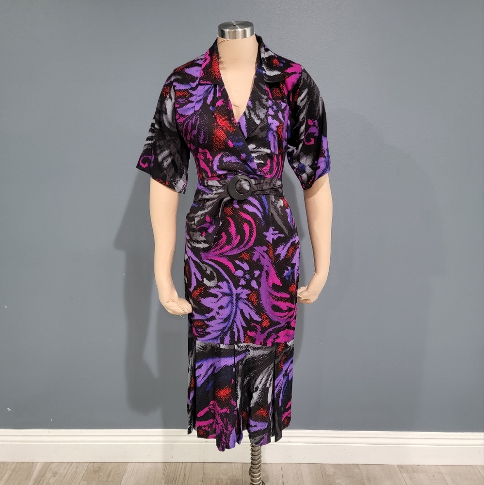 Vintage 80s PEA PATCH NY Purple Pink Sheath Pleated Hem Midi Dress XS/S